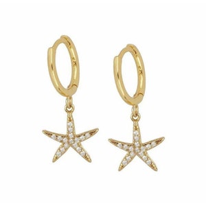 Gold Starfish Hoops, Huggie Hoop Earring, Hoop Earrings With Charm, Small Hoops, Tiny Hoop Earring