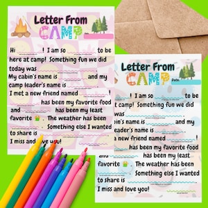Carta del campamento para niños para enviar a los padres. Regalo para niños que van al campamento de verano. Plantilla de carta para niños. Regalo para el líder del campamento para los campistas.