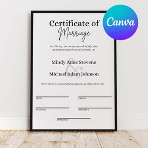 Heiratszertifikat Bearbeitbare druckbare Hochzeit Certs Minimalistische Hochzeitsurkunde für die Unterschrift der Ehebraut und des Bräutigams