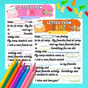 Carta del campamento para niños para enviar a los padres. Regalo para niños que van al campamento de verano. Plantilla de carta para niños. Regalo para el líder del campamento para los campistas.