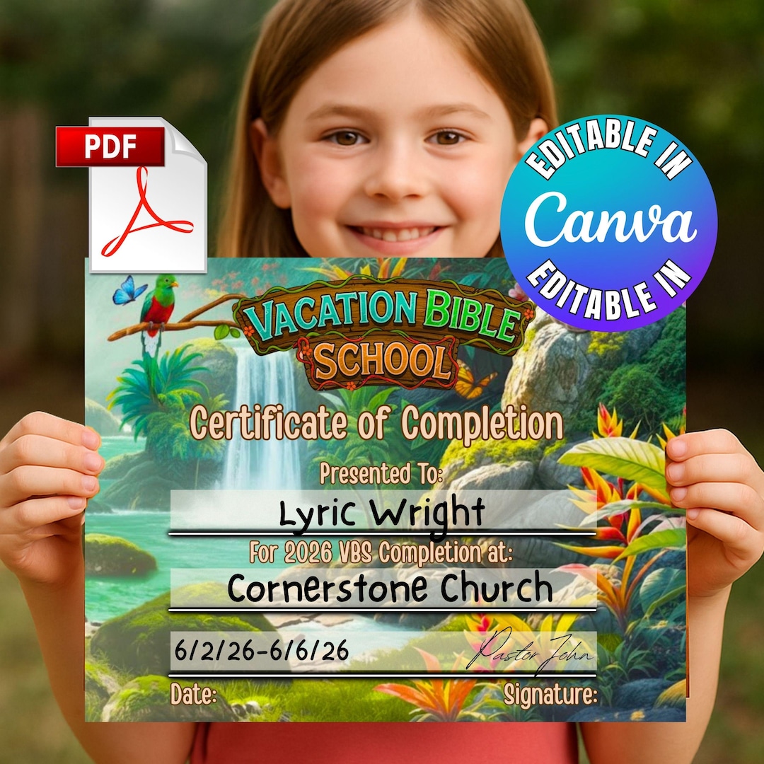 VBS Certificate of Completion Vacation Bible School Rainforest ...