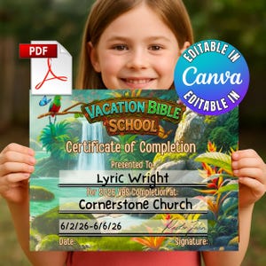 Könnte beinhalten: Eine Vorlage für ein Vacation Bible School Abschlusszertifikat mit einer tropischen Wasserfall-Szene und einem Quetzal. Der Text enthält "VACATION BIBLE SCHOOL", "Certificate of Completion", "Lyric Wright", "Cornerstone Church" und "6/2/26-6/6/26".