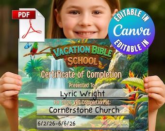 VBS Certificate of Completion Vacation Bible School Rainforest Participation Award Children Church Summer Group Bible Rain Forest Certificat