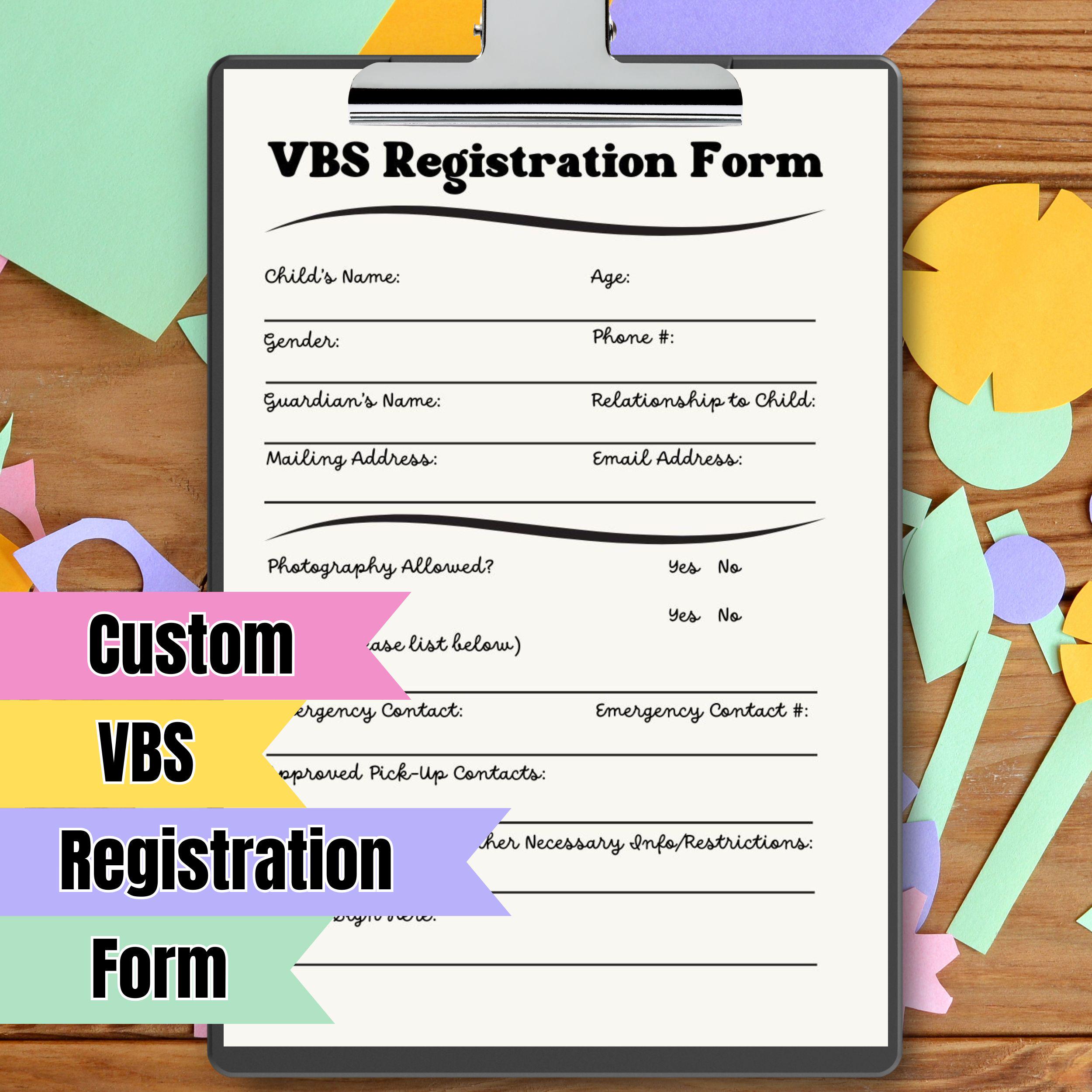 VBS Registration Form for Vacation Bible School Sign up Sheet Emergency ...