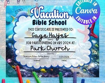 VBS Certificate of Completion Vacation Bible School Ocean Participation Award Children Church Summer Group Bible Adventure Camp Sea Scuba