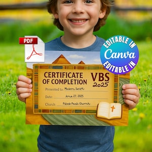May include: A child holding a certificate with the text "CERTIFICATE OF COMPLETION VBS 2025". The certificate has a pyramid design and the text "Presented to: Mason Swift, June 27, 2025, Pikes Peak Church". A PDF icon is in the upper left.