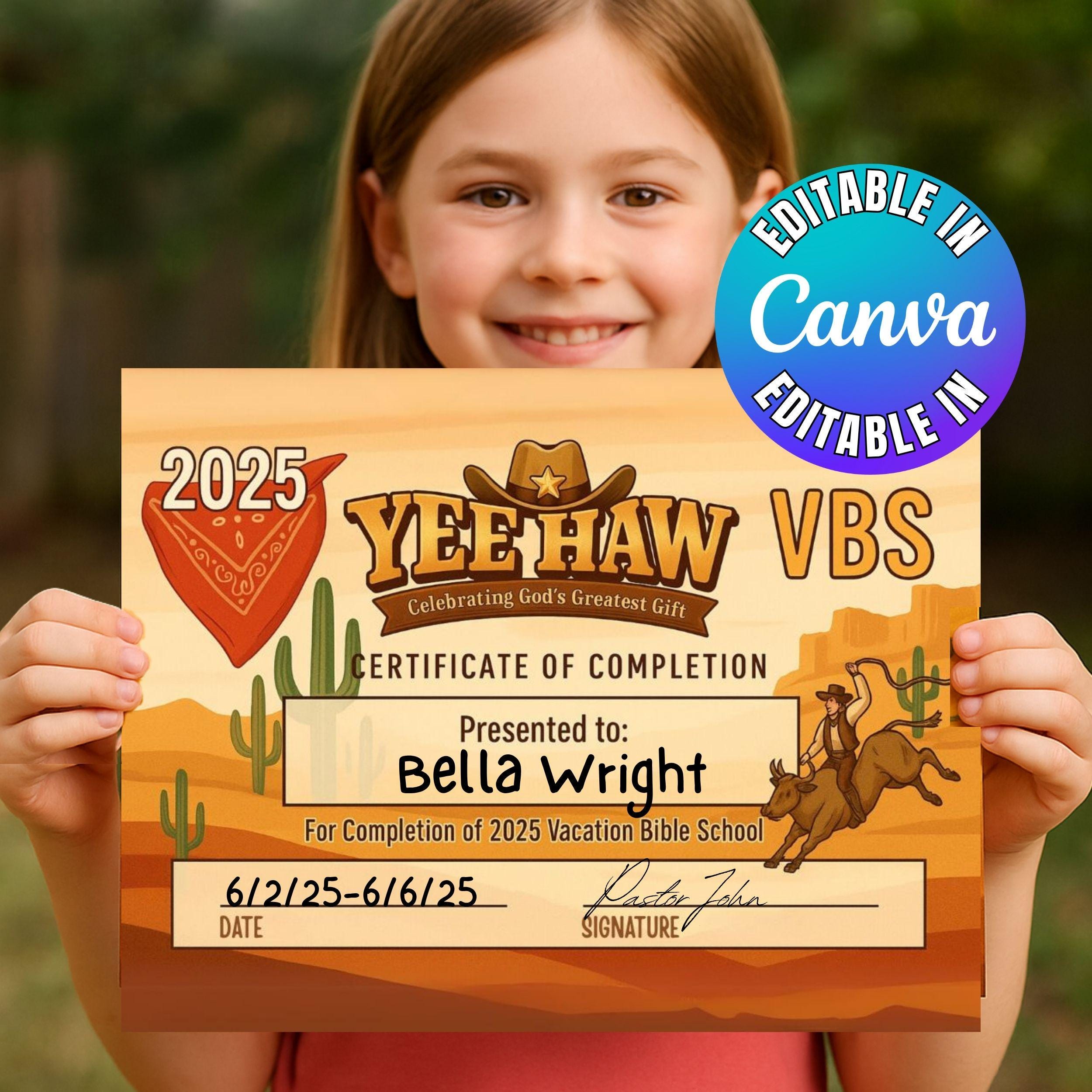 VBS Certificate of Completion Vacation Bible School Wild West Participation Award Children Church Summer Group Bible West Yeehaw Certificate