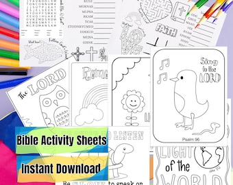 Puede incluir: Una colección de hojas de actividades bíblicas imprimibles, que incluyen búsquedas de palabras, laberintos y páginas para colorear. Las hojas presentan temas e ilustraciones religiosas, con el texto "Bible Activity Sheets" y "Instant Download".