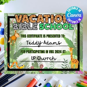 VBS Certificate of Completion Safari Vacation Bible School Jungle Participation Award Children Church Summer Group Bible Adventure Camp
