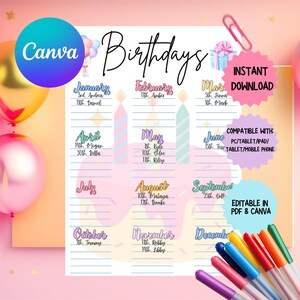 Könnte beinhalten: Ein druckbarer Geburtstagskalender mit einer rosa Torte, zwölf Monatsüberschriften in bunter Schreibschrift und leeren Zeilen für Namen und Daten. Das Dokument enthält Text wie Birthdays, Instant Download und Editable in PDF & Canva.