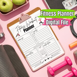 May include: A printable fitness planner with a black and white design. The planner includes sections for goals, exercise, priorities, weight, motivation, and water goals. The planner is on a pink background with a clipboard, dumbbells, and an apple.