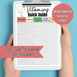 May include: A printable vitamins quick guide chart with a red, white, and green color scheme. The chart lists vitamins, their purpose, cofactors, and food sources. The text "Full Chart Revealed With Purchase" is displayed in a red banner at the bottom of the chart.