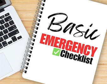 May include: A white spiral bound notebook with the text "Basic Emergency Checklist" in black and red lettering. A green tick is next to the word "Checklist".