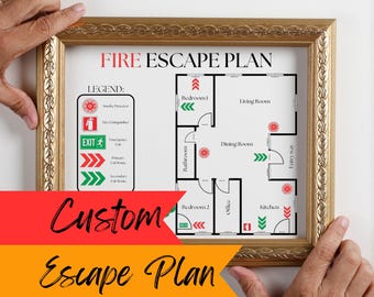 May include: A framed fire escape plan with a custom escape plan label. The plan includes a floor plan with rooms labeled: Bedroom 1, Living Room, Dining Room, Bathroom, Bedroom 2, Office, Kitchen, and Entry Way. The plan also includes symbols for smoke detectors, fire extinguishers, and emergency exits.