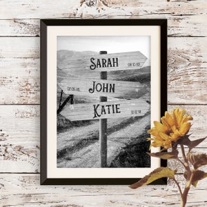 Könnte beinhalten: Schwarzweißfoto eines Holz-Wegweisers mit drei Richtungspfeilen. Jeder Pfeil trägt einen Namen und ein Datum: Sarah 08 10 83, John 02 05 85 und Katie 10 12 91. Der Wegweiser steht in einem Feld mit verschwommenem Hintergrund.