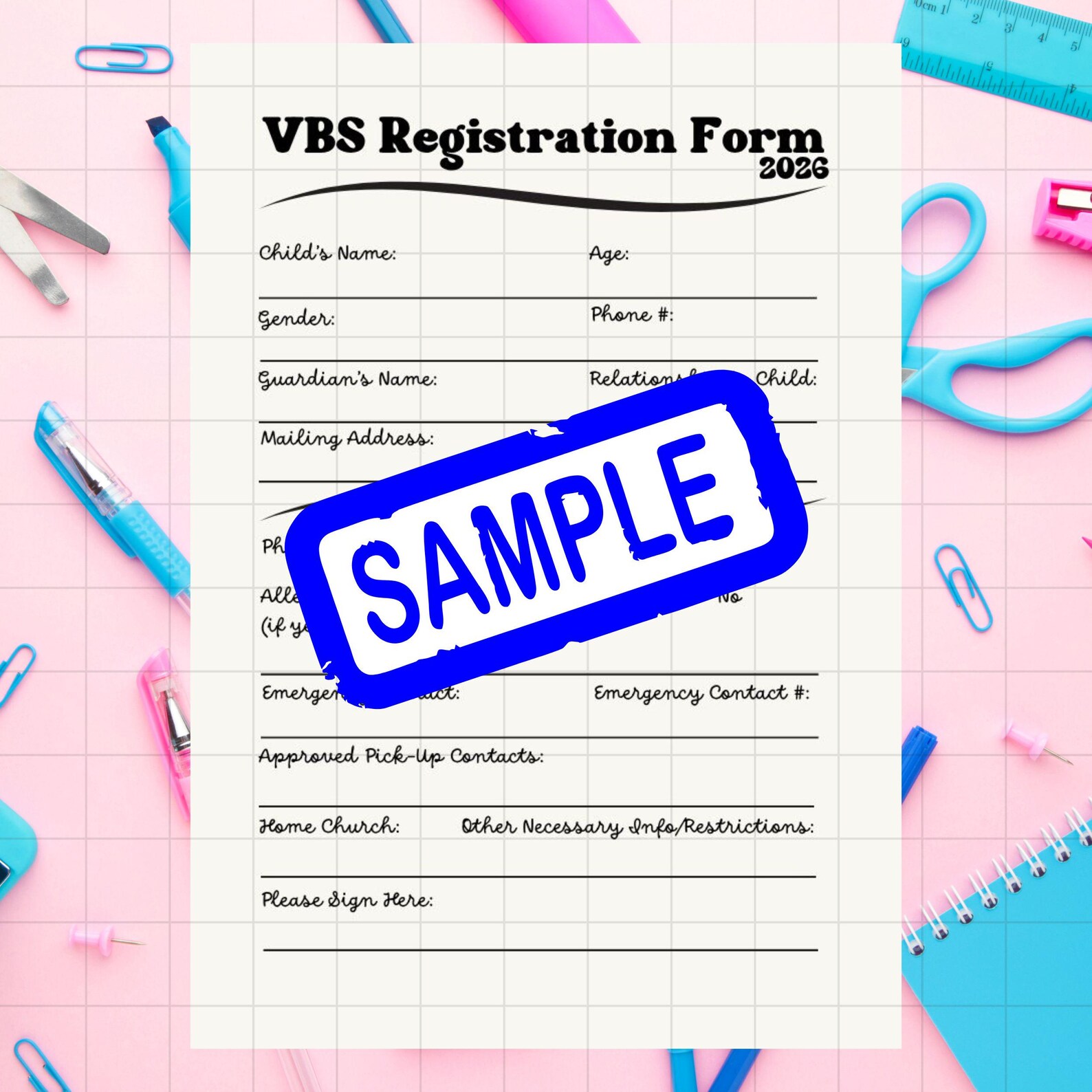 VBS Registration Form for Vacation Bible School Sign up Sheet Emergency ...