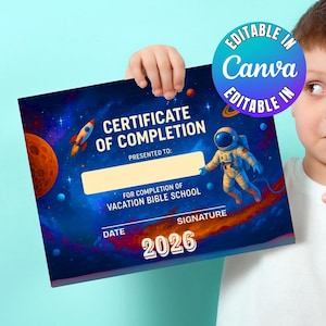 Rymd-VBS-certifikat Utskrivbart Kosmiskt semesterbibelskolecertifikat Galaktiskt tema Digitalt nedladdningsbart intyg för slutförande av bibelskola