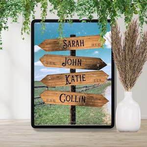 May include: A digital illustration of a wooden signpost with four directional arrows. Each arrow has a name and date on it: Sarah 08 10 83, John 02 05 85, Katie 10 12 91, and Collin 07 24 93.
