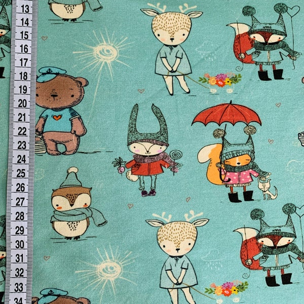 mintfarberner Sweatshirtstoff mit kleinen Tieren von Fräulein von Julie, Kinderstoff, Sweat French Terry, Stoff für Kinder, mint