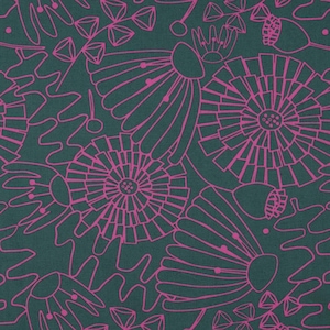 Könnte beinhalten: Ein blaugrüner Stoff mit einem rosafarbenen Blumenmuster. Das Muster zeigt stilisierte Blumen mit einem geometrischen Design.