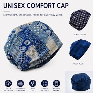 May include: A collection of unisex comfort caps featuring various blue patterns including circle grid, asanoha, deep blue, and light denim. The caps are lightweight, breathable, and feature an elastic back for a secure fit. Text includes UNISEX COMFORT CAP, COMFORT FIT, and icons for soft, breathable, stretch, and machine washable features.