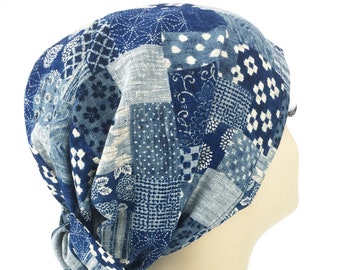 Japanese Patchwork Hair Wrap, Headscarf Tichel, Head Scarf, Hair covering,Hair Snood, Chemo Head Covering, Adjustable Turban