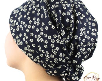 Chemo Head Covering for Hair Loss | Handmade Sakura Indigo Hair Wrap | Adjustable Cancer Headwear