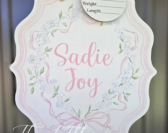 Floral Bow Printed Custom Personalized Name Sign | Hospital Door Hanger | Grandmillenal Announcement | Custom Baby Name Sign | Name Sign