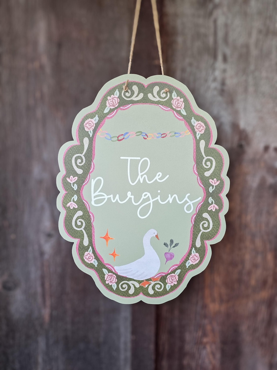 Custom Family Name Sign, Pastel Floral Goose Door Hanger, Personalized Last Name Sign, Cottagecore Wall Decor, Whimsy Front Door Decor