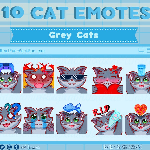 Ensemble combiné de 10 émoticônes d’animaux Kawaii Grey Cat Kitty - Twitch, Discord, YouTube, Streaming