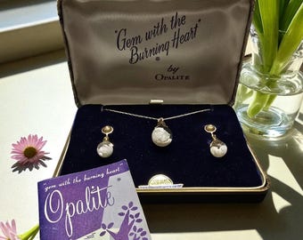 Vintage Opalite Floating Opal Set 12Kgf pendant and earrings 1960s