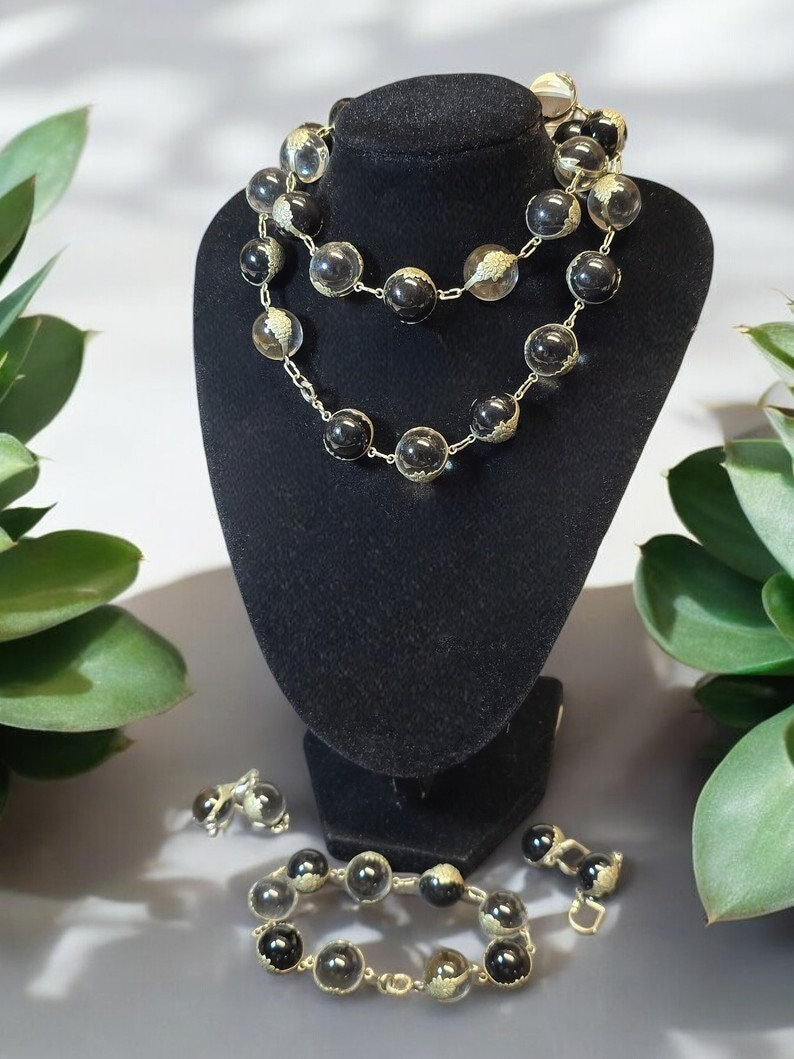 Rare Vintage Pools of Light Rock Crystal Black Onyx Set