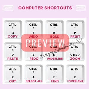 Op de afbeelding: Een wit en roze computertoetsenbord sneltoetsenoverzicht met de tekst "COMPUTER SHORTCUTS" bovenaan. De tabel toont sneltoetsen voor veelvoorkomende computerfuncties, zoals kopiëren, plakken, ongedaan maken, opnieuw doen, vet, onderstrepen, afdrukken, inzoomen, knippen, alles selecteren, zoeken en hyperlink.