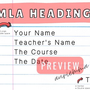 Puede incluir: Una ilustraci&oacute;n rosa y blanca de un formato de encabezado MLA con instrucciones para formatear el texto. El texto dice "MLA HEADING", "Your Name", "Teacher's Name", "The Course", "The Date", y "Title".
