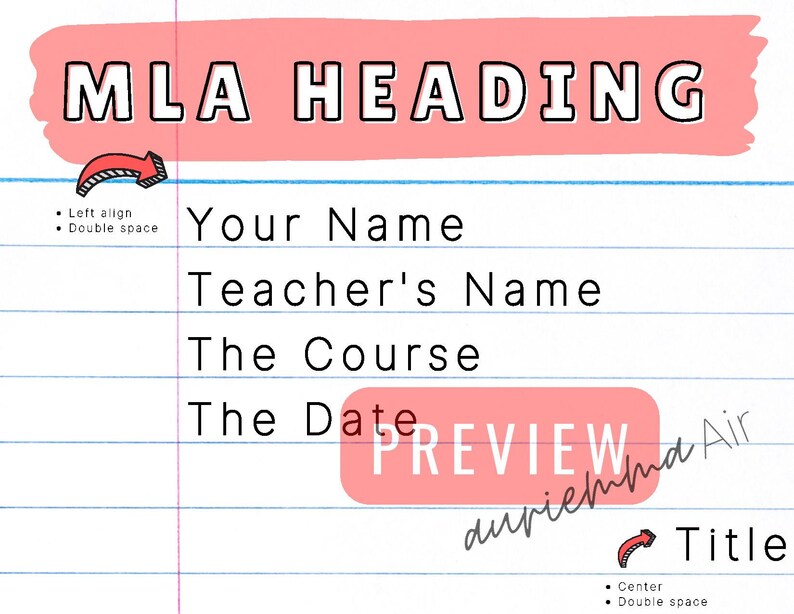 Puede incluir: Una ilustraci&oacute;n rosa y blanca de un formato de encabezado MLA con instrucciones para formatear el texto. El texto dice "MLA HEADING", "Your Name", "Teacher's Name", "The Course", "The Date", y "Title".