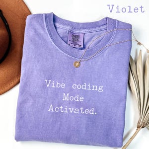 May include: A violet Comfort Colors t-shirt with the text "Vibe coding Mode Activated." A gold-colored necklace with a pendant rests on the shirt. A brown hat and dried plant are in the background.