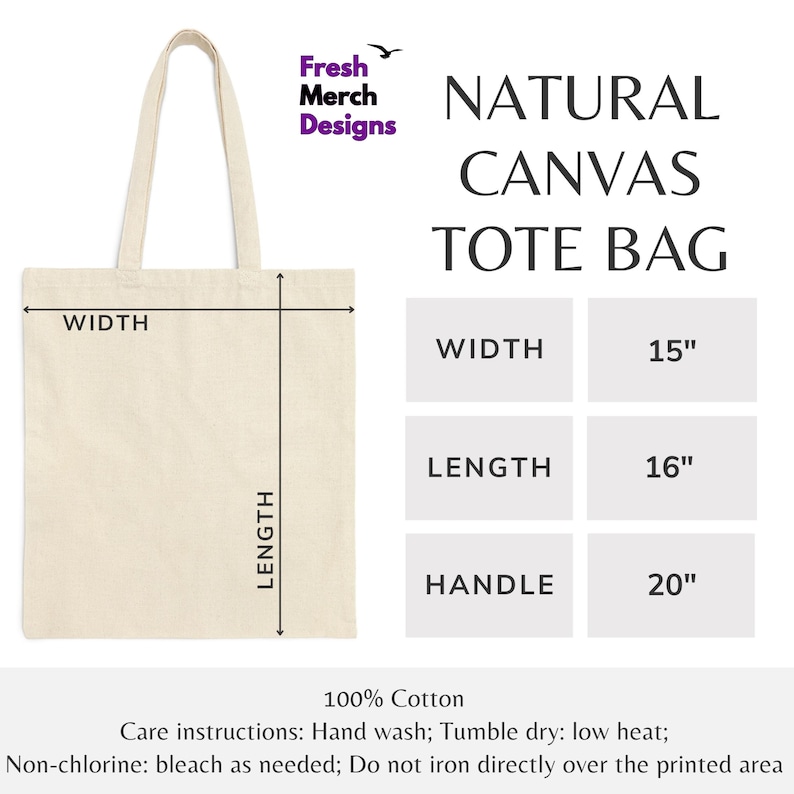 Op de afbeelding: Een natuurlijke canvas tote bag met afmetingen: 15 inch breed, 16 inch lang en 20 inch handvatlengte. De tas is gemaakt van 100% katoen en heeft de volgende wasinstructies: handwas, drogen in de droger op lage temperatuur, niet chloorbleken, niet strijken over het bedrukte gebied.
