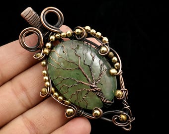 Tree Of Life Prehnite Gemstone Pendant, Copper Wire Pendant, Handmade Necklaces, Copper Wrap Pendant, Prehnite Jewelry, Gift For Her Mother