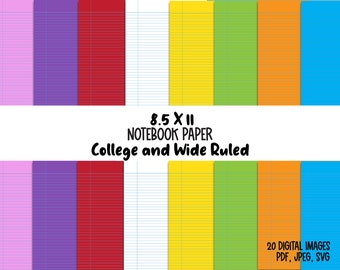 School Notebook Papers, Handwriting Pracitice, Homeschool, Lined Journal Paper, Wide Ruled and College ruled paper, Printable Notebook Paper