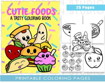 Niedliches Malbuch für Kinder, Cutie Foods, druckbares Malbuch für Kinder, kawaii Malbuch.