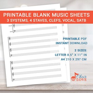 Pode incluir: Partituras de música em branco imprimíveis em formato PDF para download instantâneo. As partituras são projetadas para música vocal com três sistemas, quatro pautas, claves e notação SATB. Disponíveis em dois tamanhos: Carta (8,5 polegadas por 11 polegadas) e A4 (210 mm por 297 mm).