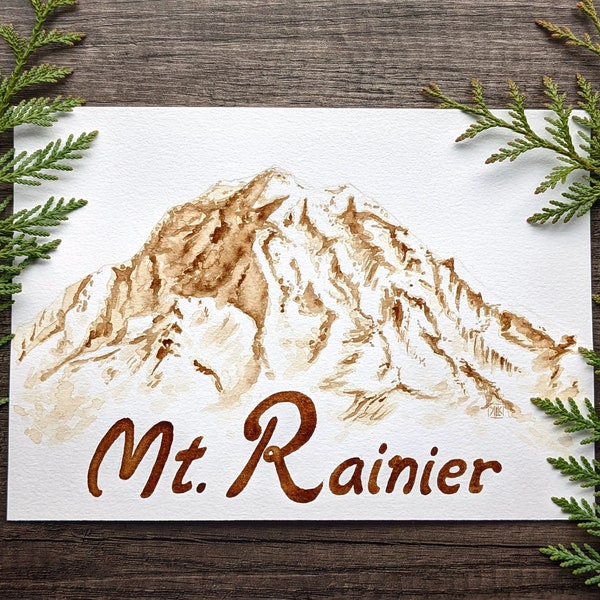 Original Coffee Painting Mt. Rainier - Mountain Nature Painting - Washington State