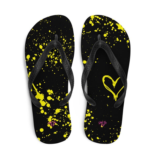 Yellow Graffiti Spray Paint Flipflops, 80s Spray Flipflops, Yellow Graffiti Flipflops, 80s Graffiti, Neon Yellow Flip Flops, 1980s Flipflops