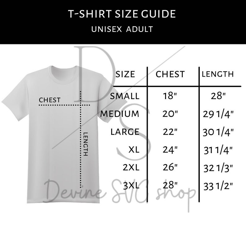 Adult Unisex Tshirt Size Chart, Flat Lay Size Chart, USA Shirt Size Guide, Gildan Guide, Bella