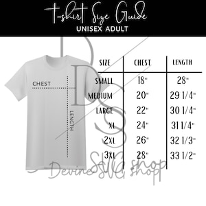 Adult Unisex Tshirt Size Chart, Flat Lay Size Chart, USA Shirt Size
