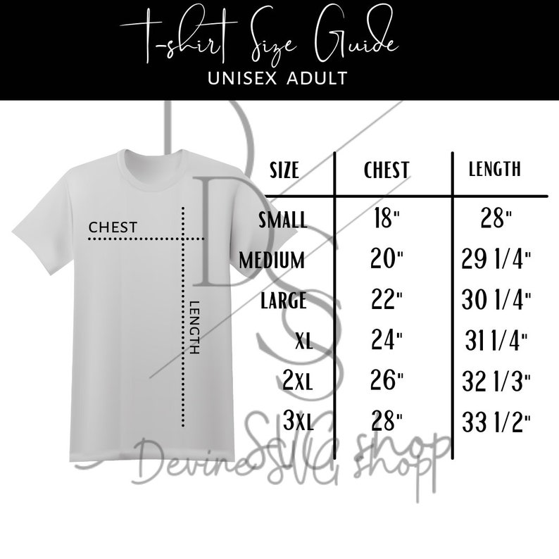 Adult Unisex Tshirt Size Chart, Flat Lay Size Chart, USA Shirt Size ...