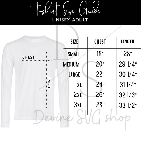 Flat Lay Tshirt Size Guide, Tshirt Mock up Size Chart, Long Sleeve