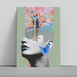 Butterfly Cheek Art Print, Colorful Collage, Retro Illustration, Digital Download, Printable Art