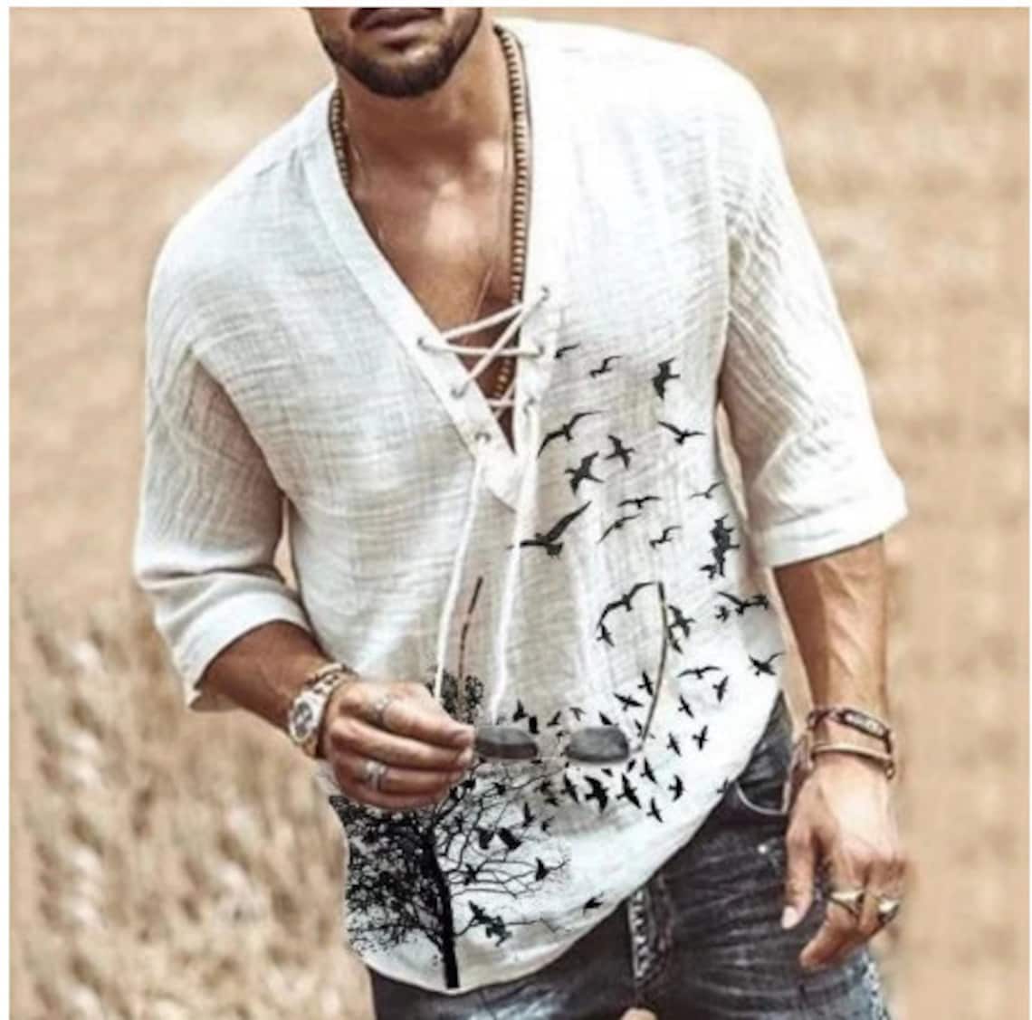 Men's Fashion Hippie Linen Shirt Casual Middle Sleeve V Etsy