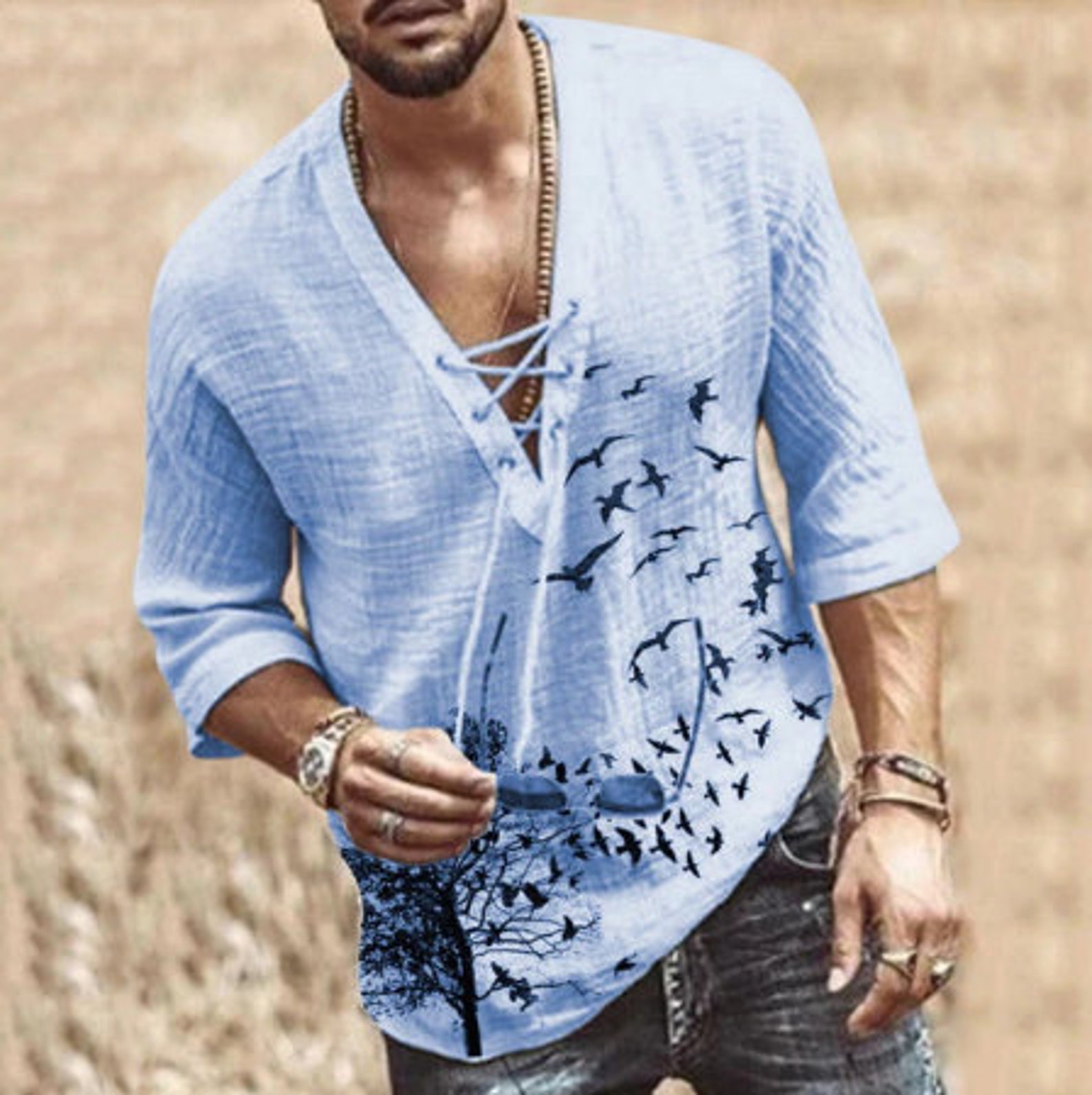 Men's Fashion Hippie Linen Shirt Casual Middle Sleeve V Etsy